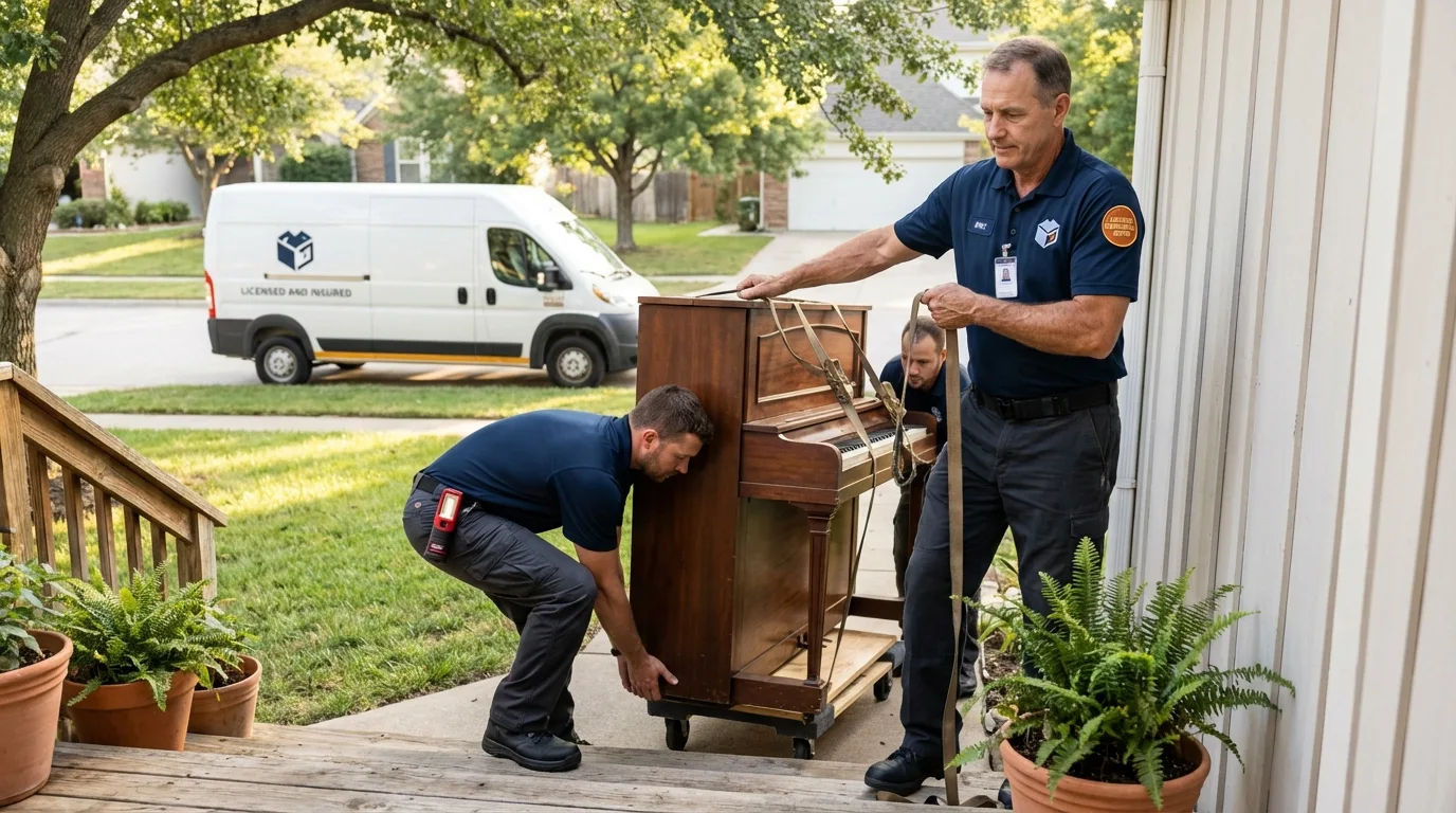 Licensed piano movers securing grand piano in Cleveland, AL